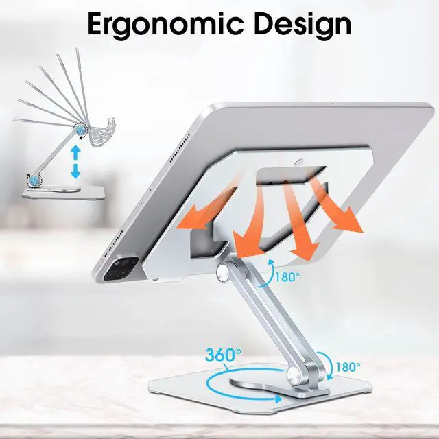 Alt view image 2 of 5 - Arae Tablet Stand Holder for Desk, 360°Rotating Adjustable Aluminum Portable Stand Holder Desktop Foldable Dock Heavy Duty Compatible with iPad 7/8/9/10th,iPad Air 6/5/4,iPad Pro 11/12.9,Siliver