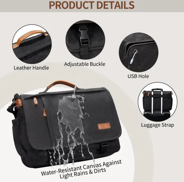 Alt view image 5 of 5 - ESTARER Men's Messenger Bag 17.3 Inch Upgraded, Water-resistant Canvas Laptop Bag, Computer Shoulder Bag for College Travel Work, Dark Grey