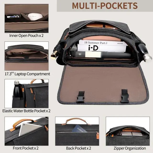 Alt view image 4 of 5 - ESTARER Men's Messenger Bag 17.3 Inch Upgraded, Water-resistant Canvas Laptop Bag, Computer Shoulder Bag for College Travel Work, Dark Grey