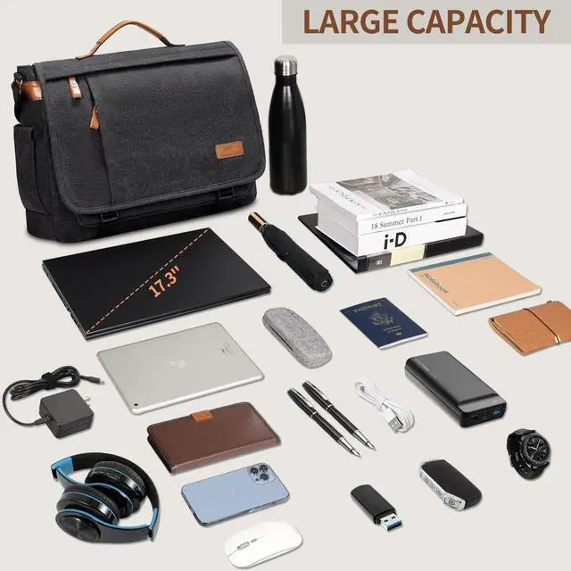 Alt view image 3 of 5 - ESTARER Men's Messenger Bag 17.3 Inch Upgraded, Water-resistant Canvas Laptop Bag, Computer Shoulder Bag for College Travel Work, Dark Grey