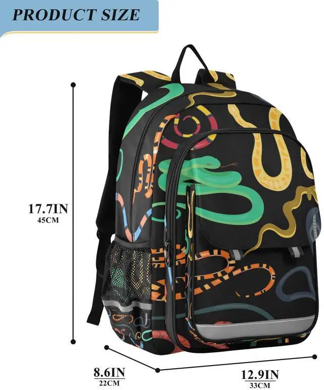 Alt view image 2 of 5 - Glaphy Snake Animals Black Backpack Lightweight Laptop Backpack School Bag Student Travel Daypack with Reflective Stripes