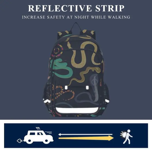 Alt view image 5 of 5 - Glaphy Snake Animals Black Backpack Lightweight Laptop Backpack School Bag Student Travel Daypack with Reflective Stripes