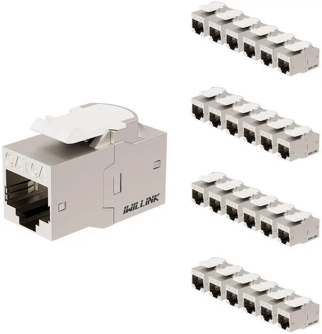 Main image of iwillink 10Gbps Cat6A Shielded Keystone RJ45 Coupler 25-Pack, Zinc Alloy Metal Housing Ethernet Coupler, Female to Female Cat6a Keystone Jack, Silver