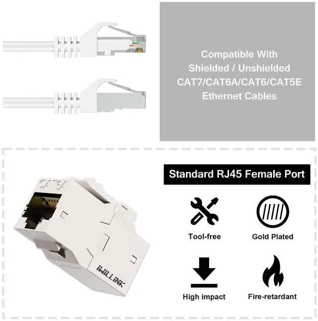 Alt view image 3 of 5 - iwillink 10Gbps Cat6A Shielded Keystone RJ45 Coupler 25-Pack, Zinc Alloy Metal Housing Ethernet Coupler, Female to Female Cat6a Keystone Jack, Silver