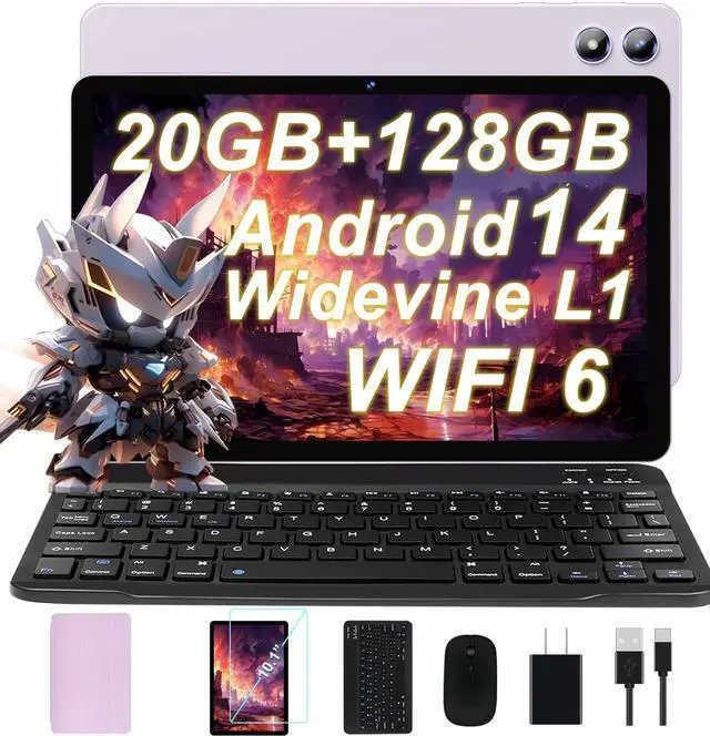 Main image of Android 14 Tablet with Keyboard 20GB RAM 128GB ROM, 2025 Octa-Core 10 Inch Tablets with WiFi 6, 1TB Expandable, 1280x800 IPS Display, 6000mAh Battery, Widevine L1, Split Screen, Mouse, Case -Purple
