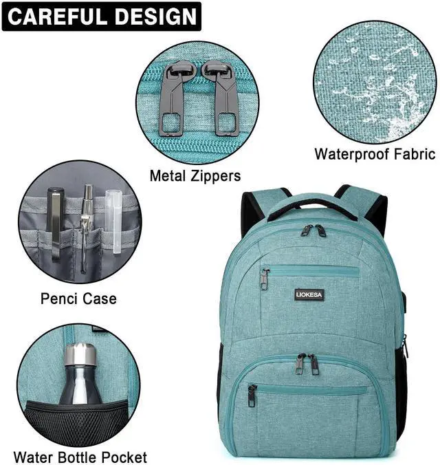 Alt view image 5 of 5 - Liokesa Backpack for Men Women, School Backpacks for Teen Boys Girls, Water Resistant Laptop Backpack with USB Charger, 15.6 Inch Black College Bookbag, Teal