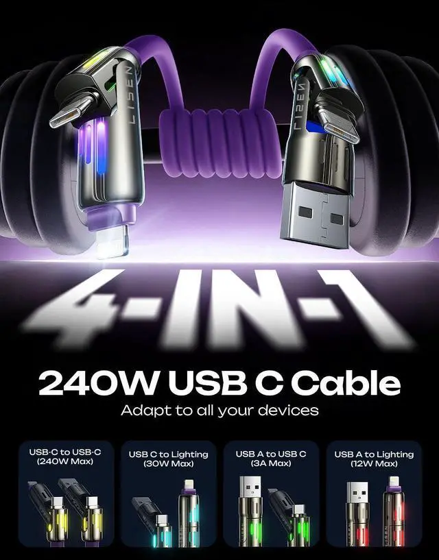 Alt view image 2 of 5 - LISEN 240W Chubby USB C to USB C, 4 in 1 Charging Cable (6.6FT) with Light, USB A/C to C/L Multi Charging Cable for iPhone 16 15 14 Pro Max/MacBook/iPad Pro/SamSungS24,Purple