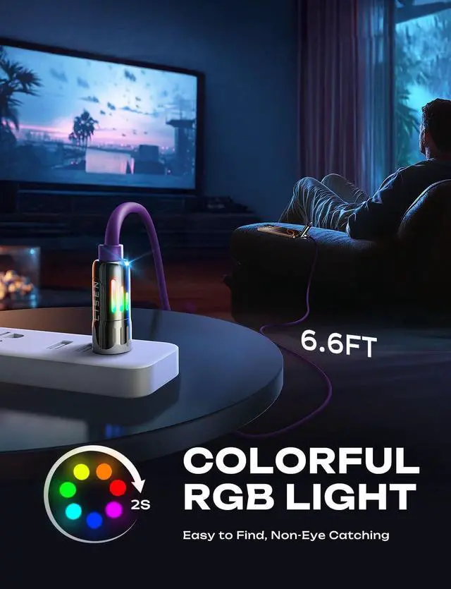Alt view image 3 of 5 - LISEN 240W Chubby USB C to USB C, 4 in 1 Charging Cable (6.6FT) with Light, USB A/C to C/L Multi Charging Cable for iPhone 16 15 14 Pro Max/MacBook/iPad Pro/SamSungS24,Purple