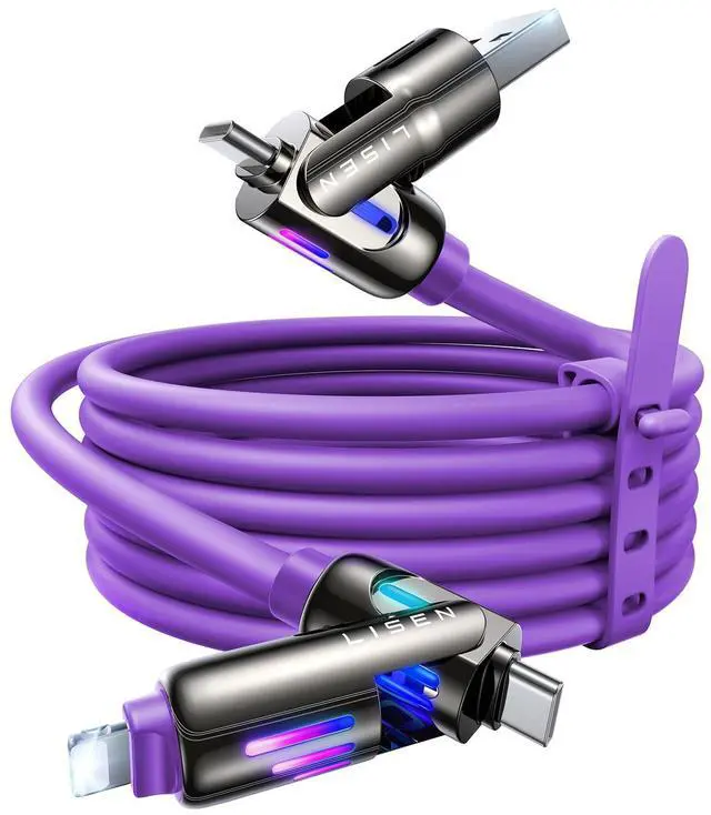 Main image of LISEN 240W Chubby USB C to USB C, 4 in 1 Charging Cable (6.6FT) with Light, USB A/C to C/L Multi Charging Cable for iPhone 16 15 14 Pro Max/MacBook/iPad Pro/SamSungS24,Purple
