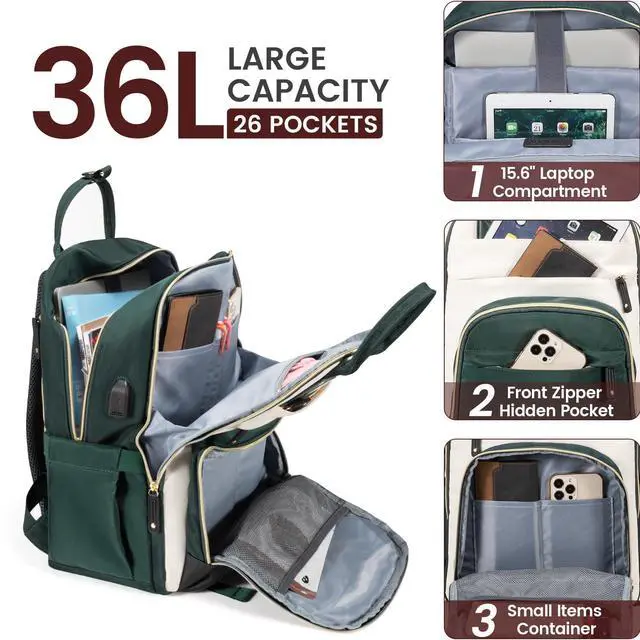 Alt view image 3 of 5 - LOVEVOOK Backpack for Women,Laptop Backpack Women,Fits 17 Inch Laptop Bag,School Backpacks,Fashion Travel Work Anti-theft Bag,Waterproof Business Computer College Backpack Purse,Beige-Green-Black