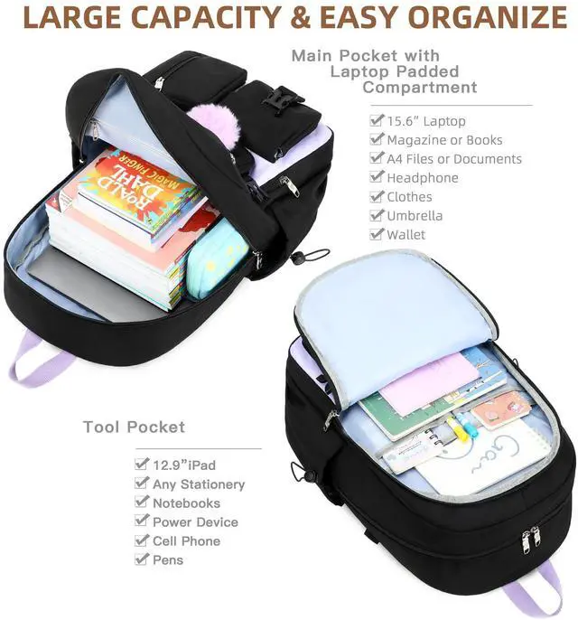 Alt view image 3 of 5 - Laptop Backpack 15.6 Inch Kids Elementary Middle High School Bag College Backpacks Anti Theft Travel Back Pack Large Bookbags for Teens Girls Women Students (Black Purple)