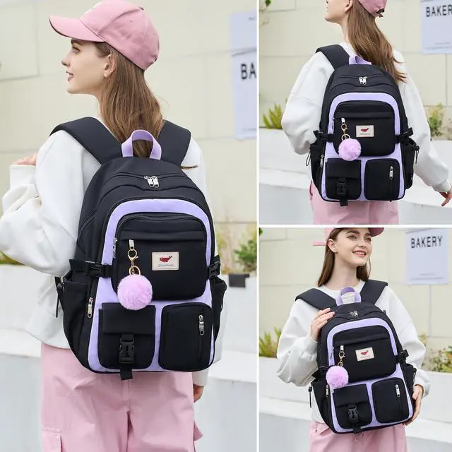 Alt view image 2 of 5 - Laptop Backpack 15.6 Inch Kids Elementary Middle High School Bag College Backpacks Anti Theft Travel Back Pack Large Bookbags for Teens Girls Women Students (Black Purple)