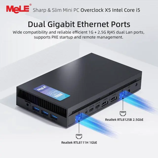 Alt view image 5 of 5 - MeLE Overclock X5 Ultra Slim MiniPC Core-i5 12450H (Up to 4.4GHz),32GB RAM 1TB SSD, 3940MB/s, 2×M.2 Slot, Quadruple Display HDMI×2/USB-C*2/4K Desktop Computer Office Industrial and Entertainment