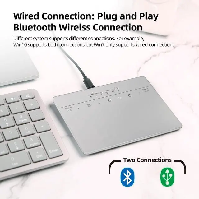 Alt view image 4 of 5 - Wired & Wireless Metal Touchpad for PC Computer & Laptop, Rechargeable Trackpad Travel-Friendly Bluetooth & USB Mouse Pad for Windows 7/10/11, Silver