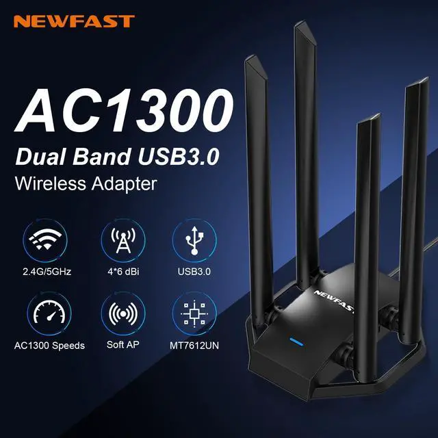 Alt view image 2 of 5 - NEWFAST AC1300 Mbps USB WiFi Adapter for Desktop PC 2.4G/5G Wireless Network Adapter with 4 Dual Band Antennas, USB 3.0 WiFi Dongle for Desktop PC Supports Windows XP/7/8/8.1/10/11(NF-U329)