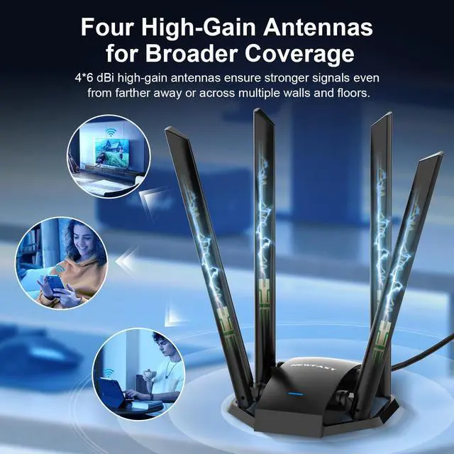 Alt view image 4 of 5 - NEWFAST AC1300 Mbps USB WiFi Adapter for Desktop PC 2.4G/5G Wireless Network Adapter with 4 Dual Band Antennas, USB 3.0 WiFi Dongle for Desktop PC Supports Windows XP/7/8/8.1/10/11(NF-U329)