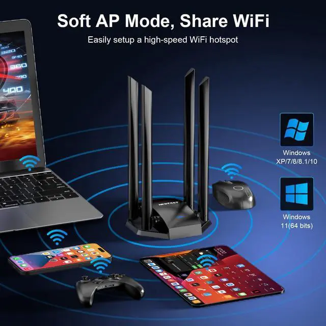 Alt view image 5 of 5 - NEWFAST AC1300 Mbps USB WiFi Adapter for Desktop PC 2.4G/5G Wireless Network Adapter with 4 Dual Band Antennas, USB 3.0 WiFi Dongle for Desktop PC Supports Windows XP/7/8/8.1/10/11(NF-U329)