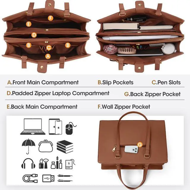 Alt view image 2 of 5 - Laptop Bag for Women 15.6 inch Laptop Tote Bag Waterproof Leather Computer Bag Large Lightweight Briefcase Professional Business Office Work Bag, Dark Brown