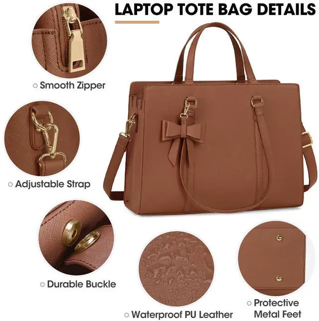 Alt view image 4 of 5 - Laptop Bag for Women 15.6 inch Laptop Tote Bag Waterproof Leather Computer Bag Large Lightweight Briefcase Professional Business Office Work Bag, Dark Brown