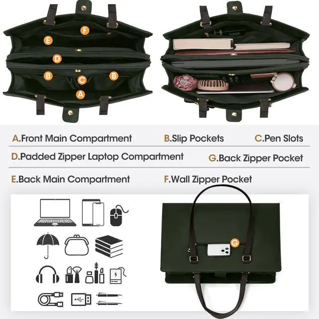 Alt view image 2 of 5 - Laptop Bag for Women 15.6 inch Laptop Tote Bag Waterproof Leather Computer Bag Large Lightweight Briefcase Professional Business Office Work Bag, Dark Green with Coffee