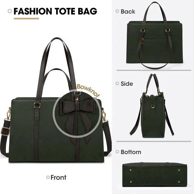 Alt view image 5 of 5 - Laptop Bag for Women 15.6 inch Laptop Tote Bag Waterproof Leather Computer Bag Large Lightweight Briefcase Professional Business Office Work Bag, Dark Green with Coffee