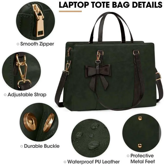 Alt view image 4 of 5 - Laptop Bag for Women 15.6 inch Laptop Tote Bag Waterproof Leather Computer Bag Large Lightweight Briefcase Professional Business Office Work Bag, Dark Green with Coffee