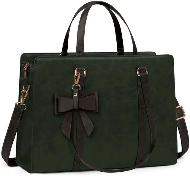 Main image of Laptop Bag for Women 15.6 inch Laptop Tote Bag Waterproof Leather Computer Bag Large Lightweight Briefcase Professional Business Office Work Bag, Dark Green with Coffee