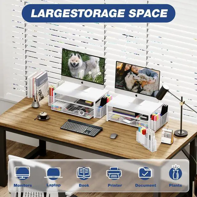 Alt view image 4 of 5 - OPNICE Desk Organizers and Accessories, 2-Tier Computer Monitor Stand Riser with Drawer and 2 Pen Holders, Office Desk Accessories for Office Supplies, White