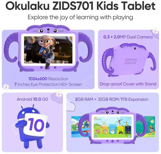 Alt view image 2 of 5 - Kids Tablet 7 inch Toddler Tablet for Kid Child 32GB with Case Included, Learning Computer PC with WiFi for Boys Girls Android Octa-Core System with Dual Camera Parental Control YouTube GMS (Purple)