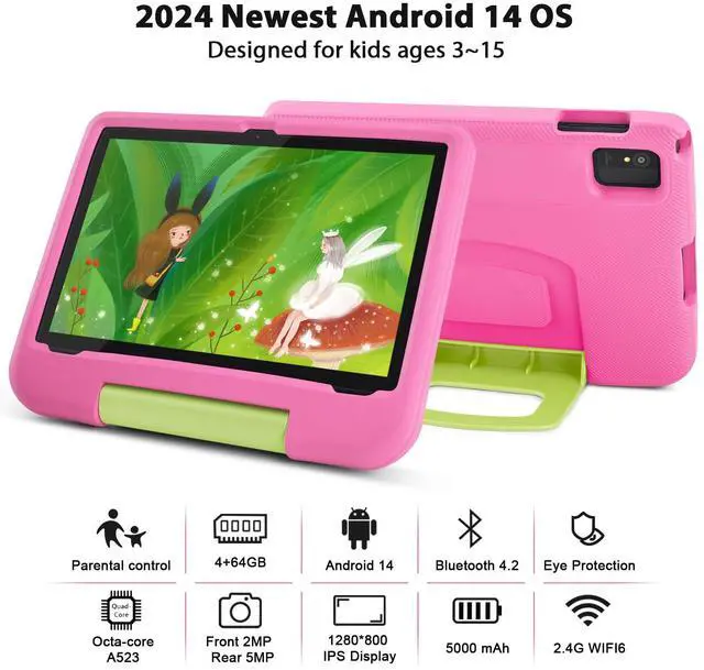 Alt view image 2 of 5 - Kids Tablet 10 Inch Tablet for Kids, Android 14 Toddler Device, Octa-Core, 64GB, 5000mAh, WiFi 6 2.4/5GHz, IPS HD Display, Kids Device for Ages 3-15 with EVA Case, GMS, Parental Control, Pink