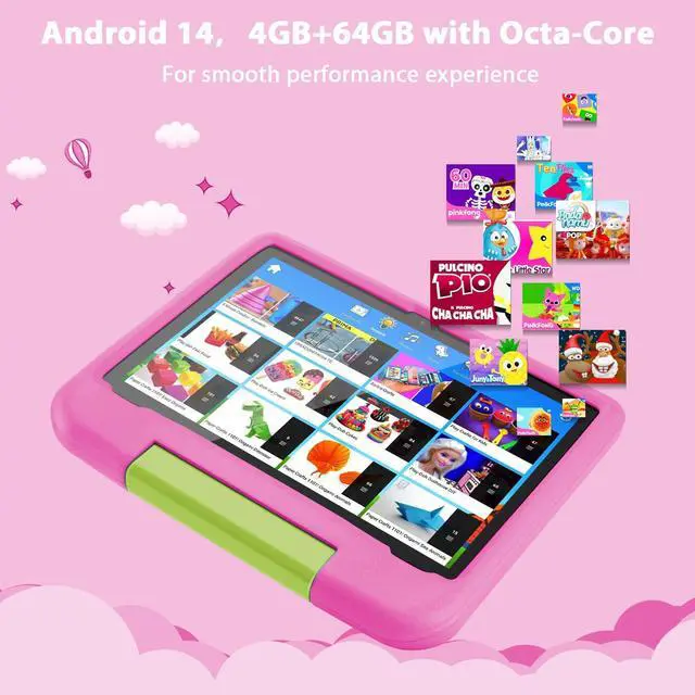 Alt view image 4 of 5 - Kids Tablet 10 Inch Tablet for Kids, Android 14 Toddler Device, Octa-Core, 64GB, 5000mAh, WiFi 6 2.4/5GHz, IPS HD Display, Kids Device for Ages 3-15 with EVA Case, GMS, Parental Control, Pink
