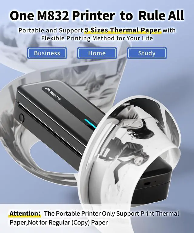 Alt view image 4 of 5 - Phomemo [Upgrade M832 Inkless Printer & 100 Sheets 8.5" x 11" Thermal Paper & Case, Bluetooth Portable Printers Wireless for Travel