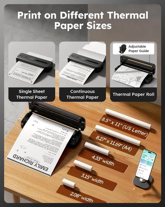 Alt view image 5 of 5 - Phomemo Portable Printers Wireless for Travel, Inkless Portable Thermal Printer for Phone Laptop, Support 8.5'' x 11'' US Letter and A4 Szie, Bluetooth Mobile Printers for Vehicle Office Home Use