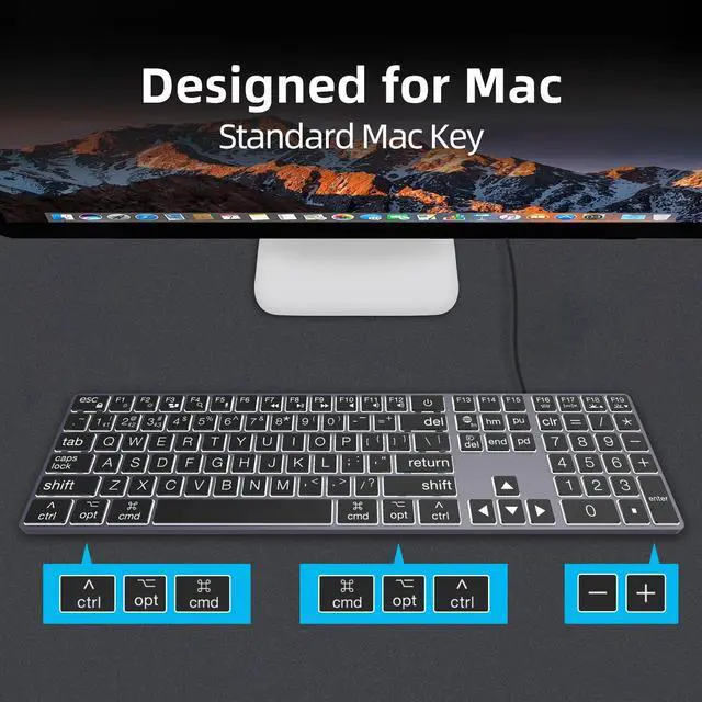 Alt view image 4 of 5 - POWZAN Large Print Aluminum Bluetooth Keyboard for Mac,7 Backlit Computer Wired Keyboard with Numeric Keypad for Ipad,Full Size Slim Quiet,for iMac, MacBook Pro/Air- Space Gray