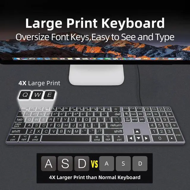 Alt view image 3 of 5 - POWZAN Large Print Aluminum Bluetooth Keyboard for Mac,7 Backlit Computer Wired Keyboard with Numeric Keypad for Ipad,Full Size Slim Quiet,for iMac, MacBook Pro/Air- Space Gray