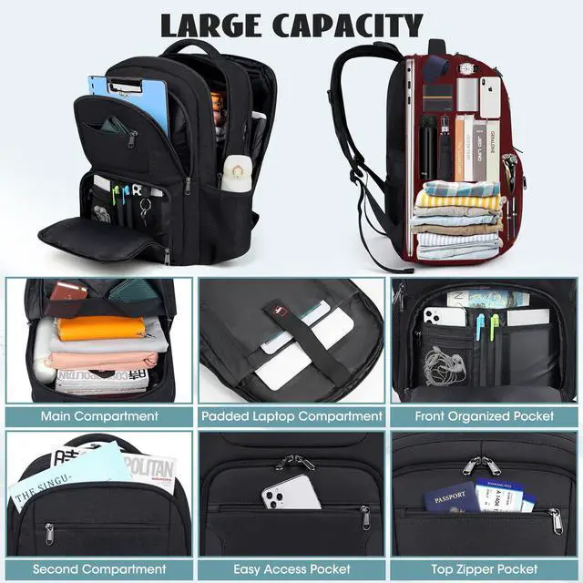 Alt view image 2 of 5 - Travel Laptop Backpack, 17 Inch Extra Large Laptop Backpack with USB Charging Hole 45L Anti Theft Travel Backpack Water Resistant College Business Computer Bag Fit 17.3 Inch Laptop for Men Women Black