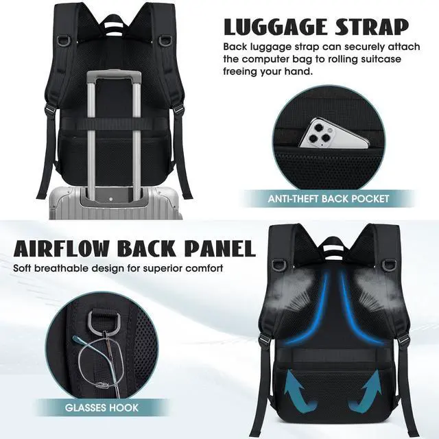 Alt view image 5 of 5 - Travel Laptop Backpack, 17 Inch Extra Large Laptop Backpack with USB Charging Hole 45L Anti Theft Travel Backpack Water Resistant College Business Computer Bag Fit 17.3 Inch Laptop for Men Women Black