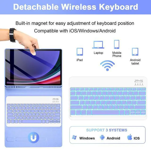 Alt view image 4 of 5 - SOPPY 7 Colors Backlit Keyboard Case with Mouse for 12.4" Samsung Galaxy Tab S7 FE/S7 Plus/S8 Plus/S9 FE Plus/S9 Plus/S10+, Wireless Keyboard with Case & Pen Holder for Samsung Tab 12.4 Inch, Purple