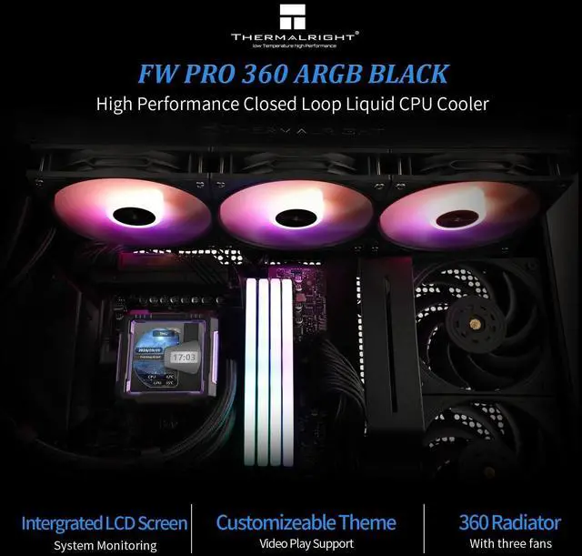 Alt view image 2 of 5 - Thermalrlght FW PRO 360 ARGB Black CPU Water Cooler,3 PWM Fans Water Cooling System with 2000PRM,for AM4/AM5&Intel LGA1851/1700, Magnetic Detachable LCD Screen with 320 * 320 Resolution