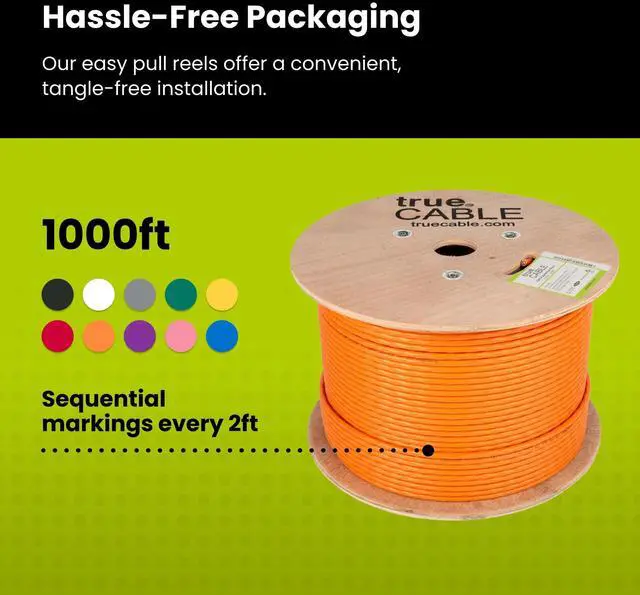 Alt view image 5 of 5 - trueCABLE Cat6A Riser (CMR), 1000ft, Orange, 23AWG 4 Pair Solid Bare Copper, 750MHz, PoE++ (4PPoE), ETL Listed, Unshielded Twisted Pair (UTP), Bulk Ethernet Cable