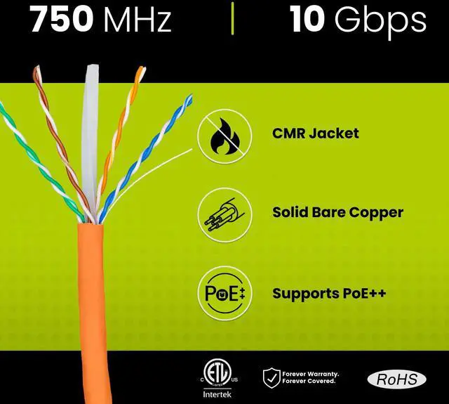Alt view image 2 of 5 - trueCABLE Cat6A Riser (CMR), 1000ft, Orange, 23AWG 4 Pair Solid Bare Copper, 750MHz, PoE++ (4PPoE), ETL Listed, Unshielded Twisted Pair (UTP), Bulk Ethernet Cable