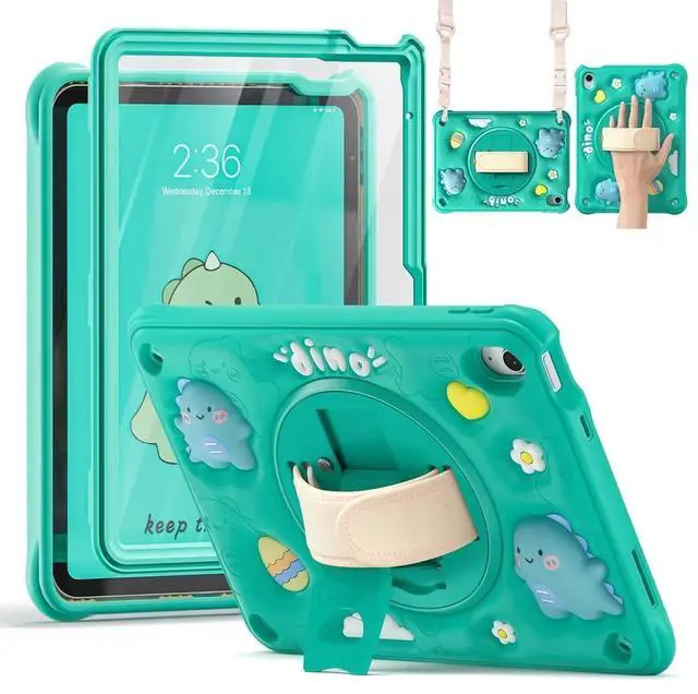 Main image of TSQQST for iPad (A16) 11th/10th Generation Dinosaur Case for Kids Boys with Built in Screen Protector & Stand, Rugged Shockproof 3D Cute Cartoon Design, Strap Hangs in Car, Green