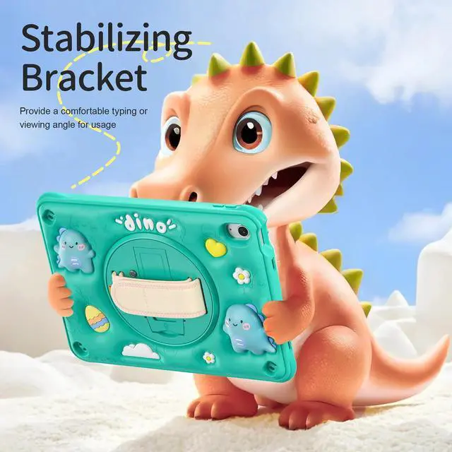 Alt view image 4 of 5 - TSQQST for iPad (A16) 11th/10th Generation Dinosaur Case for Kids Boys with Built in Screen Protector & Stand, Rugged Shockproof 3D Cute Cartoon Design, Strap Hangs in Car, Green