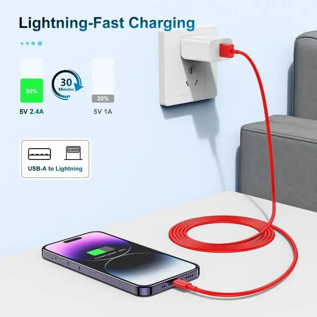 Alt view image 4 of 5 - 5 Pack Apple MFi Certified Charger Cable 10ft, Lightning to USB Cable Cord 10 Foot, 2.4A Fast Charging,Apple Phone Long Chargers for iPhone 13/12/11/11Pro/11Max/ X/XS/XR/XS Max/8/7/6 Red