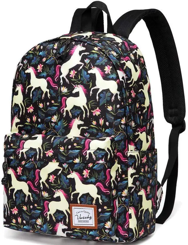 Main image of VASCHY School Backpack for Girls, Cute Schoolbag Bookbag for Kids/Teens/Middle School/College/Work Backpack for Women, Black Unicorn