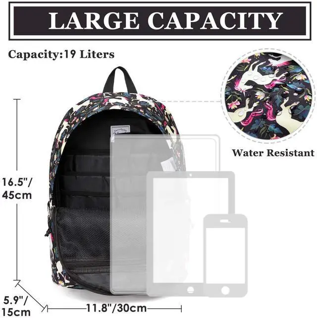 Alt view image 3 of 5 - VASCHY School Backpack for Girls, Cute Schoolbag Bookbag for Kids/Teens/Middle School/College/Work Backpack for Women, Black Unicorn