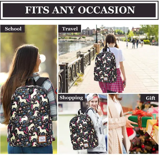 Alt view image 2 of 5 - VASCHY School Backpack for Girls, Cute Schoolbag Bookbag for Kids/Teens/Middle School/College/Work Backpack for Women, Black Unicorn