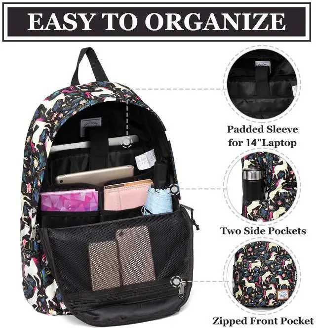 Alt view image 4 of 5 - VASCHY School Backpack for Girls, Cute Schoolbag Bookbag for Kids/Teens/Middle School/College/Work Backpack for Women, Black Unicorn