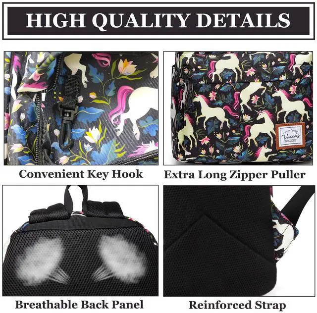 Alt view image 5 of 5 - VASCHY School Backpack for Girls, Cute Schoolbag Bookbag for Kids/Teens/Middle School/College/Work Backpack for Women, Black Unicorn