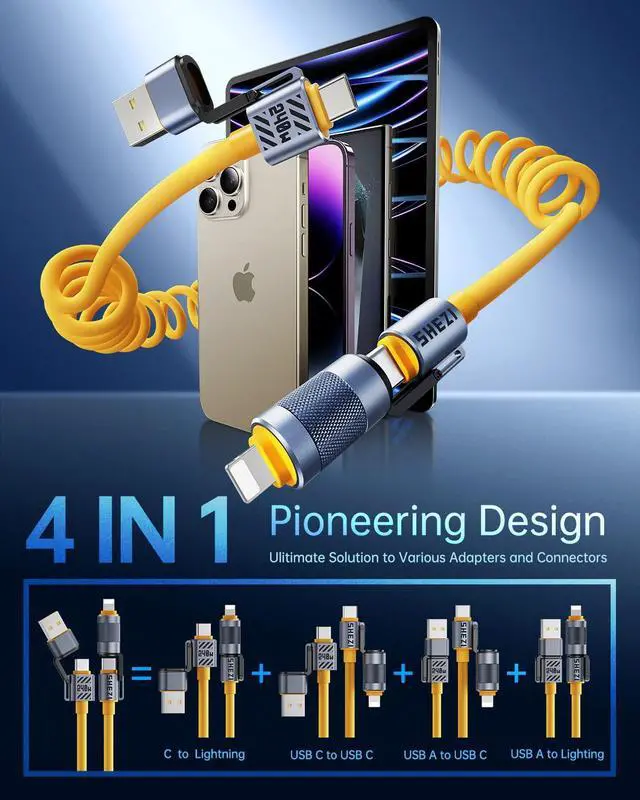 Alt view image 2 of 5 - Vexipia 4-in-1 Coiled USB C Cable for Car [240W Fast Charging] USB C to Lightning Cable [CarPlay&Android Auto] Charger Cord with L/Type C/USB A Multi Ports for iPhone/iPad-5ft Yellow